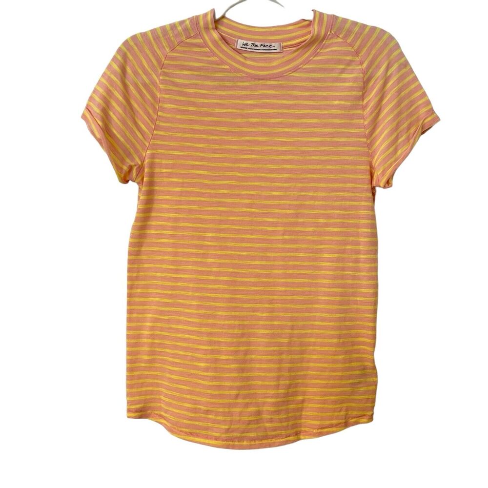Free People Women's Orange & Yellow Cuffed Short Sleeve T-Shirt- Size Medium